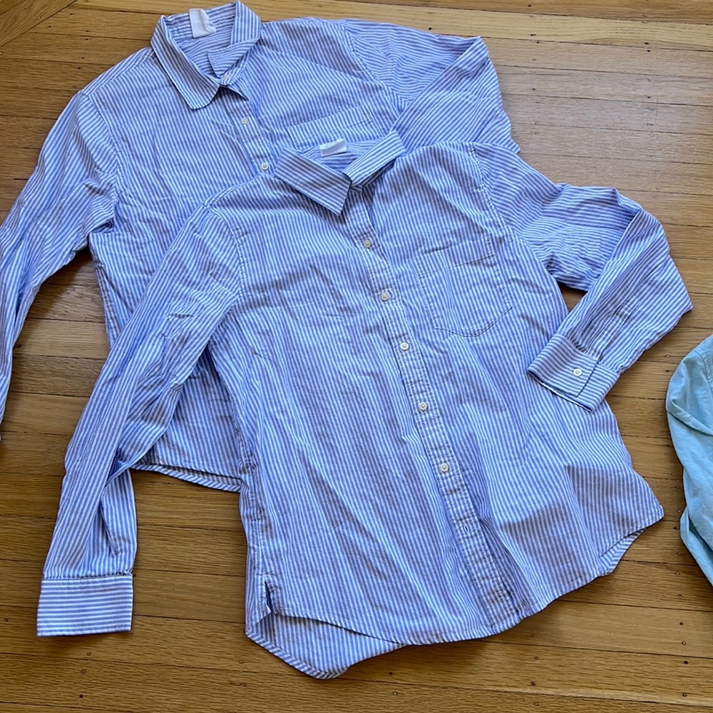 THREE Gap Factory work shirts — two blue and white stripe and one seafoam green